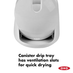 OXO drip tray ventilation detail showing slots that speed drying and reduce moisture
