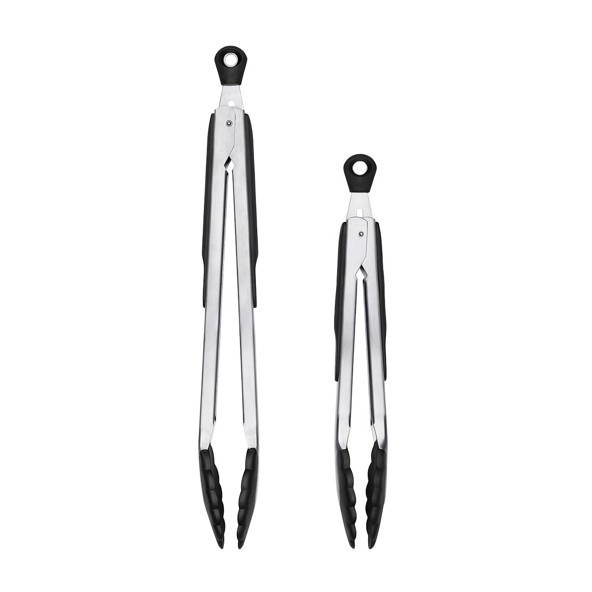 OXO two-piece tongs front view showing set and stainless finish for versatile cooking