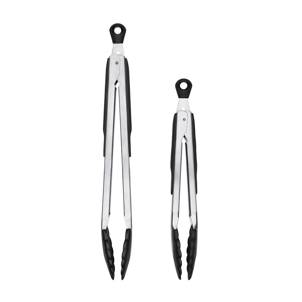 OXO two-piece tongs front view showing set and stainless finish for versatile cooking