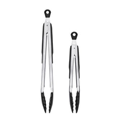 OXO two-piece tongs front view showing set and stainless finish for versatile cooking