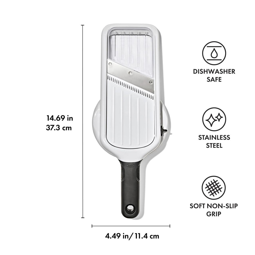 OXO Good Grips blade settings tab showing five positions and quick thickness changes
