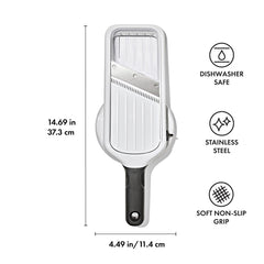 OXO Good Grips blade settings tab showing five positions and quick thickness changes