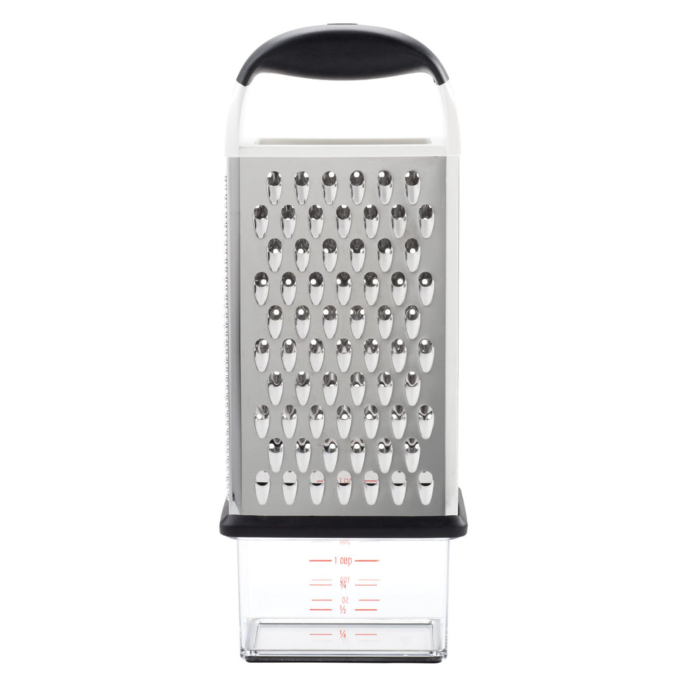 OXO Good Grips front view showing four-sided grater and handle for versatile prepping