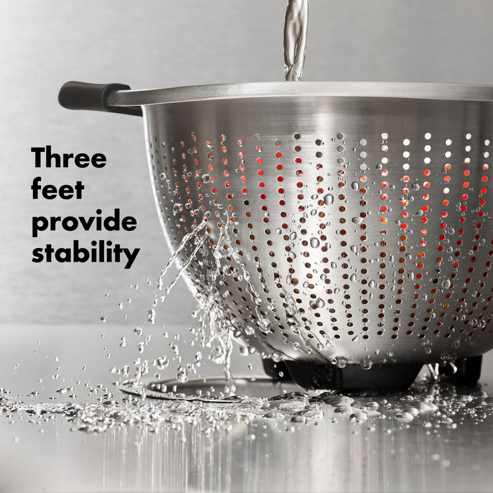 OXO Good Grips in sink straining pasta demonstrating quick, hands-free draining
