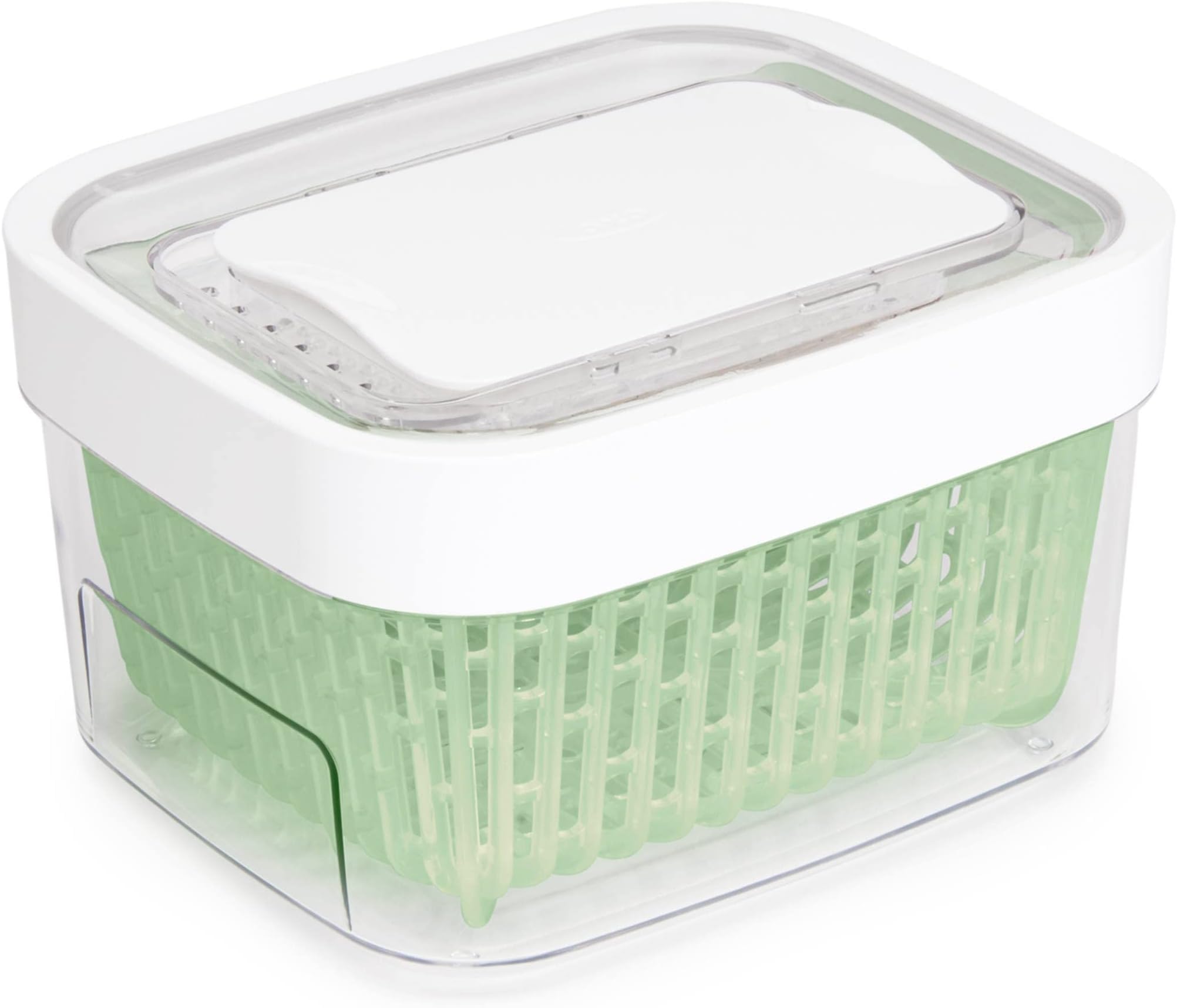OXO Good Grips front view white container holding berries, shows compact storage benefit