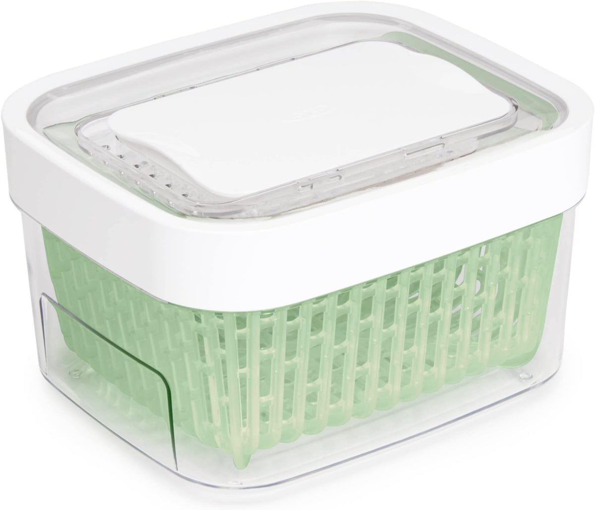 OXO Good Grips front view white container holding berries, shows compact storage benefit