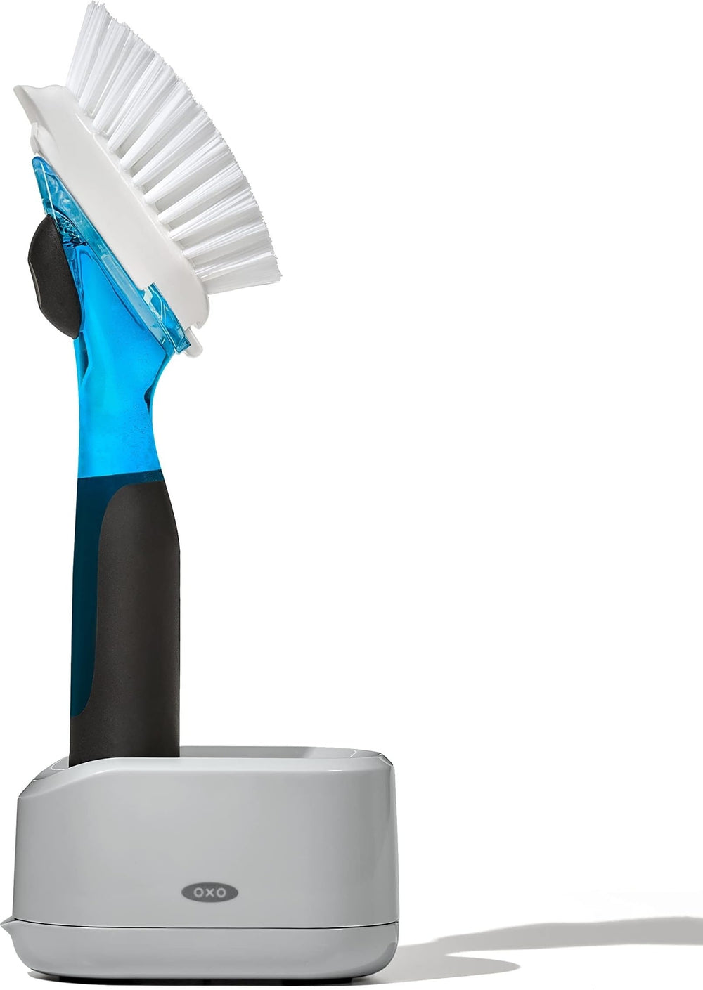 OXO Good Grips front view showing compact soap-dispensing brush and stand for tidy sink