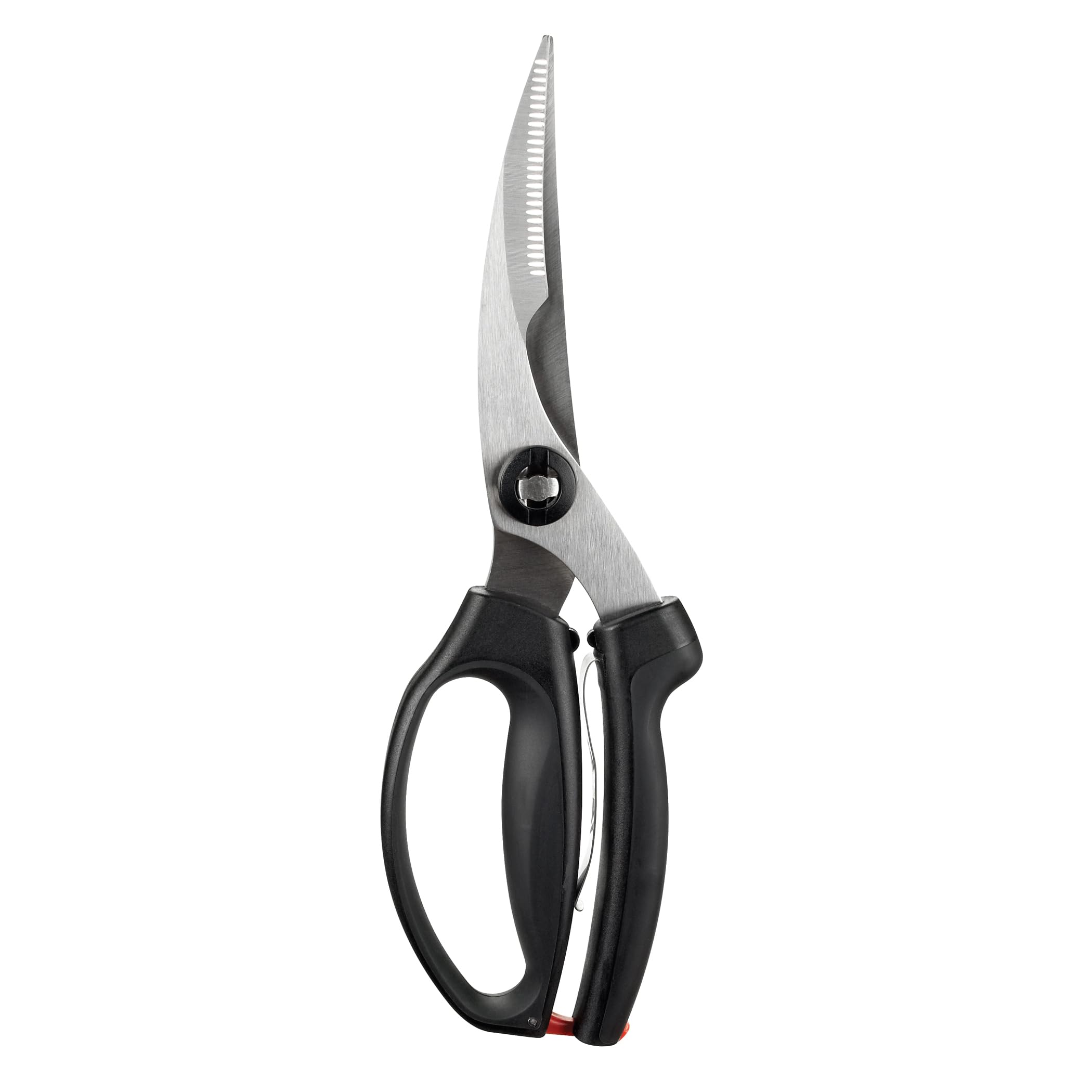 OXO Good Grips front view of black spring-loaded poultry shears showing overall shape and design, durable performance