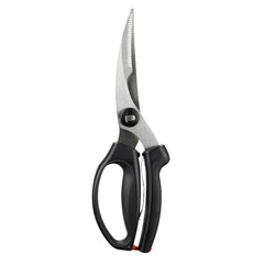 OXO Good Grips front view of black spring-loaded poultry shears showing overall shape and design, durable performance
