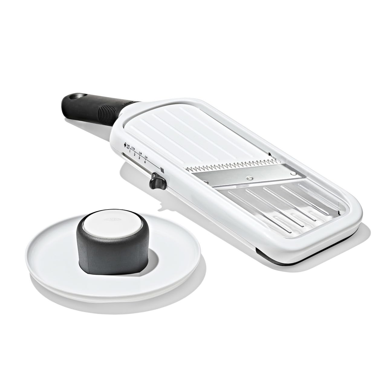 OXO Good Grips front view showing compact slicer and benefits of uniform cuts