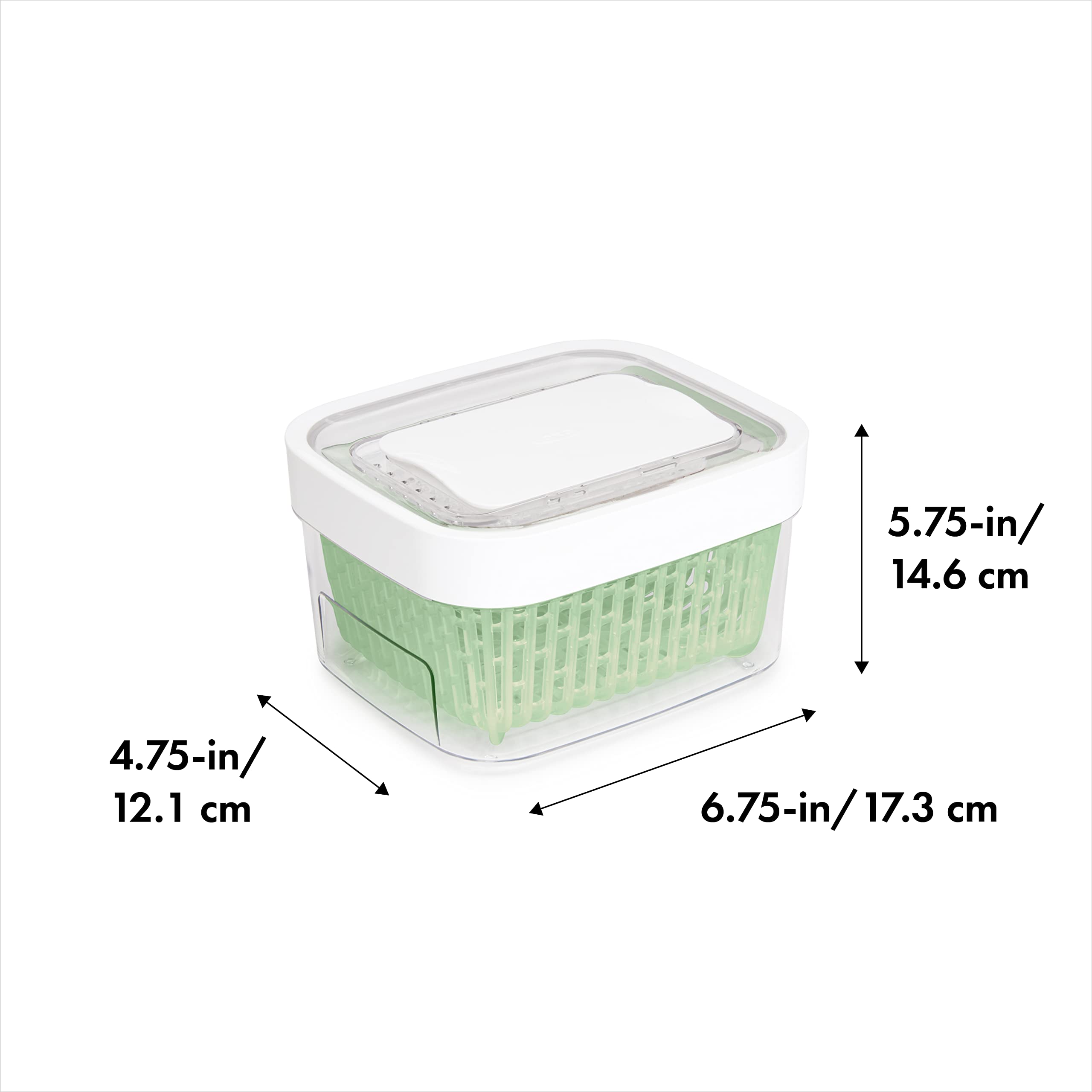 OXO Good Grips in use inside fridge with berries, demonstrates space saving and visibility