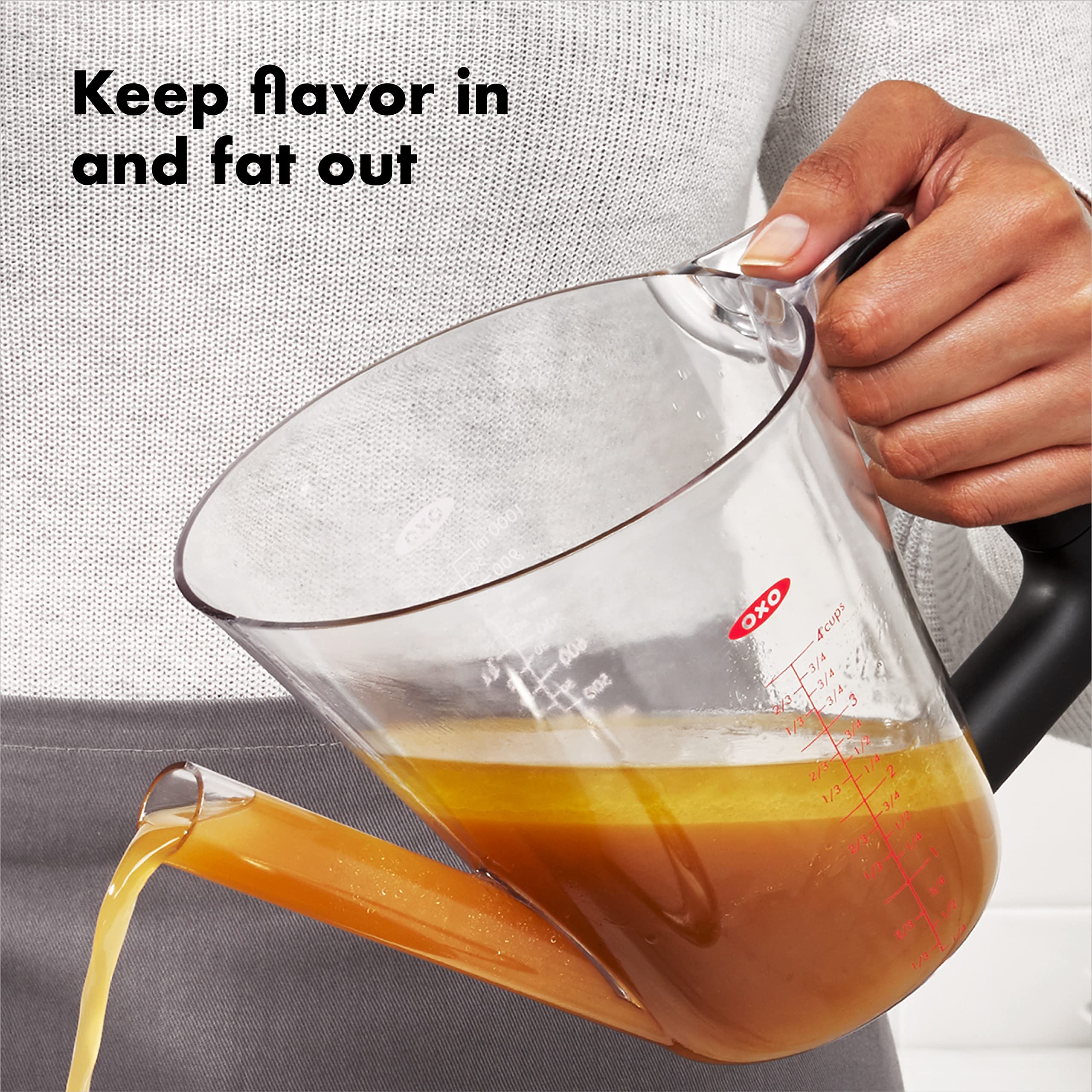 OXO Good Grips pouring hot drippings leaving fat behind for lighter gravy