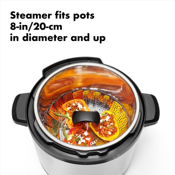 OXO Good Grips steamer close-up of fold-flat feet showing compact storage benefit