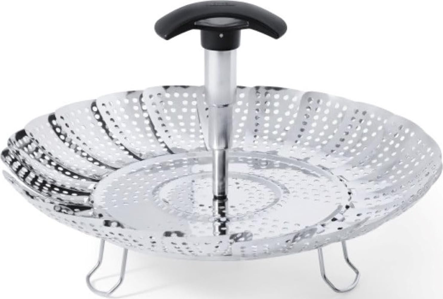 OXO Good Grips steamer front view showing stainless steel build and rim for durability