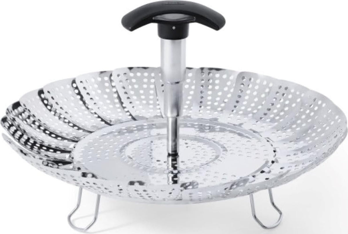 OXO Good Grips steamer front view showing stainless steel build and rim for durability