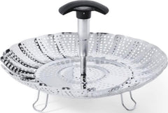 OXO Good Grips steamer front view showing stainless steel build and rim for durability