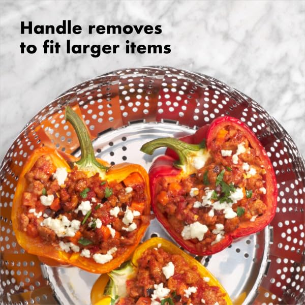 OXO Good Grips steamer with removed handle showing full-basket use for larger foods