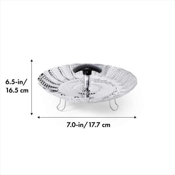 OXO Good Grips steamer next to spoon for scale showing compact 8-inch diameter