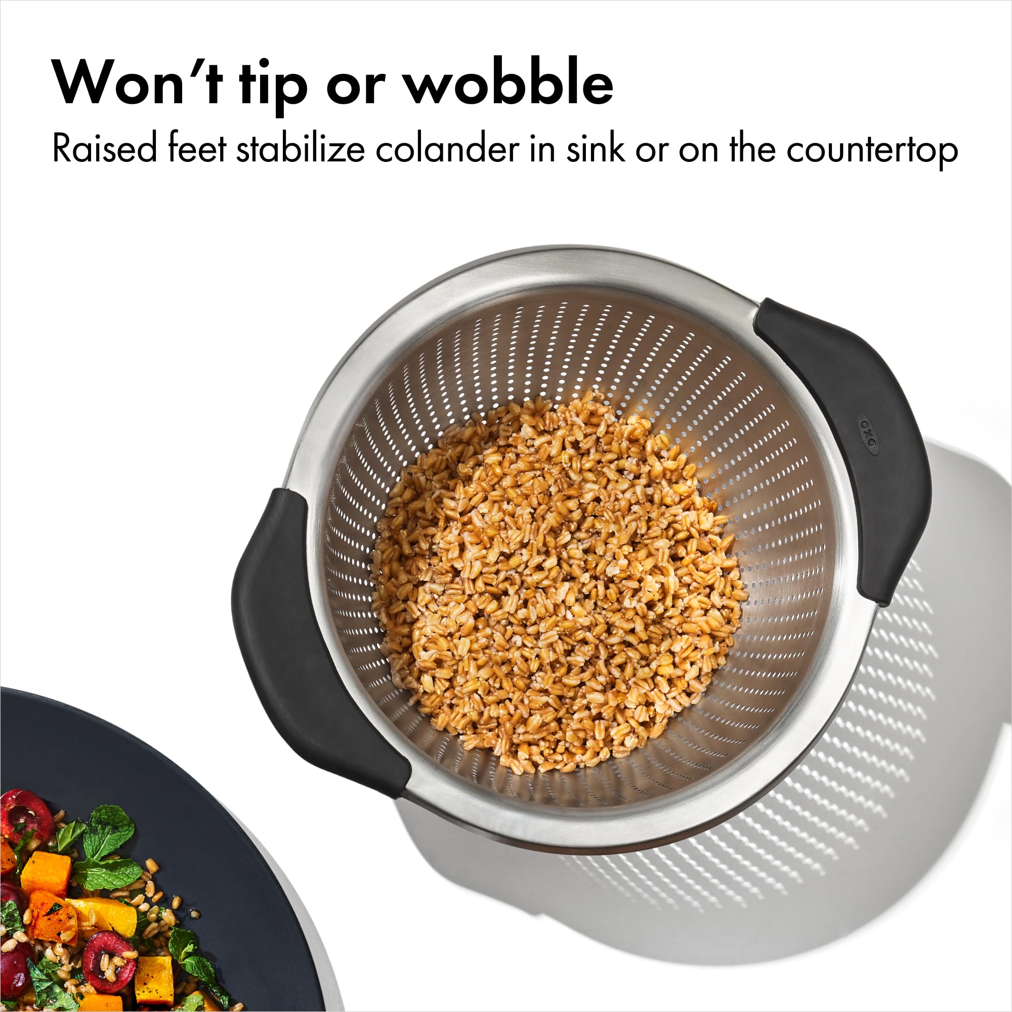OXO Good Grips feet and base keeping colander stable on counter