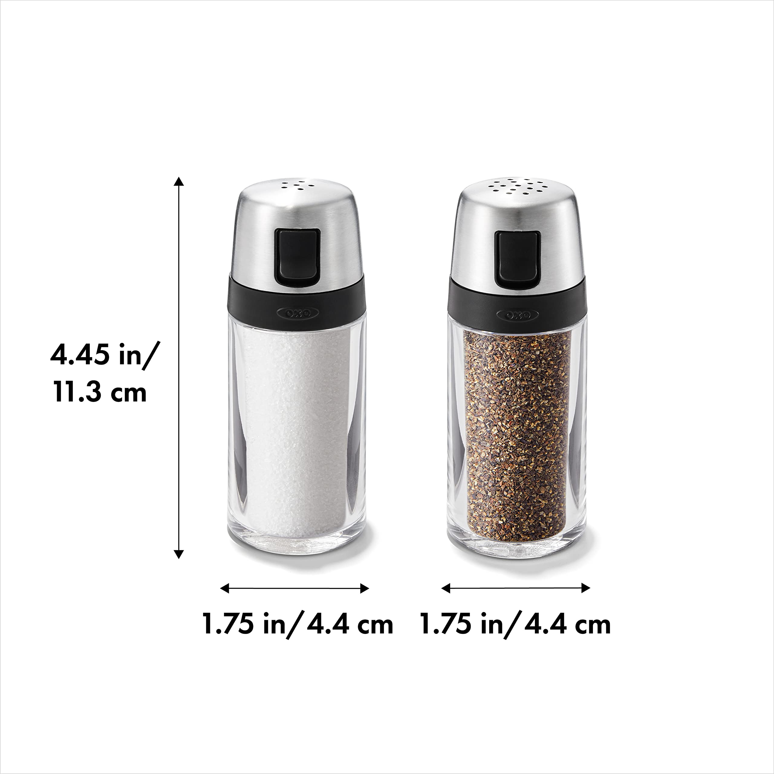 OXO Good Grips top hole patterns close-up to control sprinkle and pour for precise seasoning