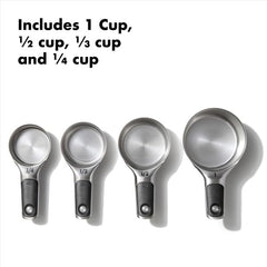 OXO handle close-up showing soft non-slip grip for comfortable, secure measuring