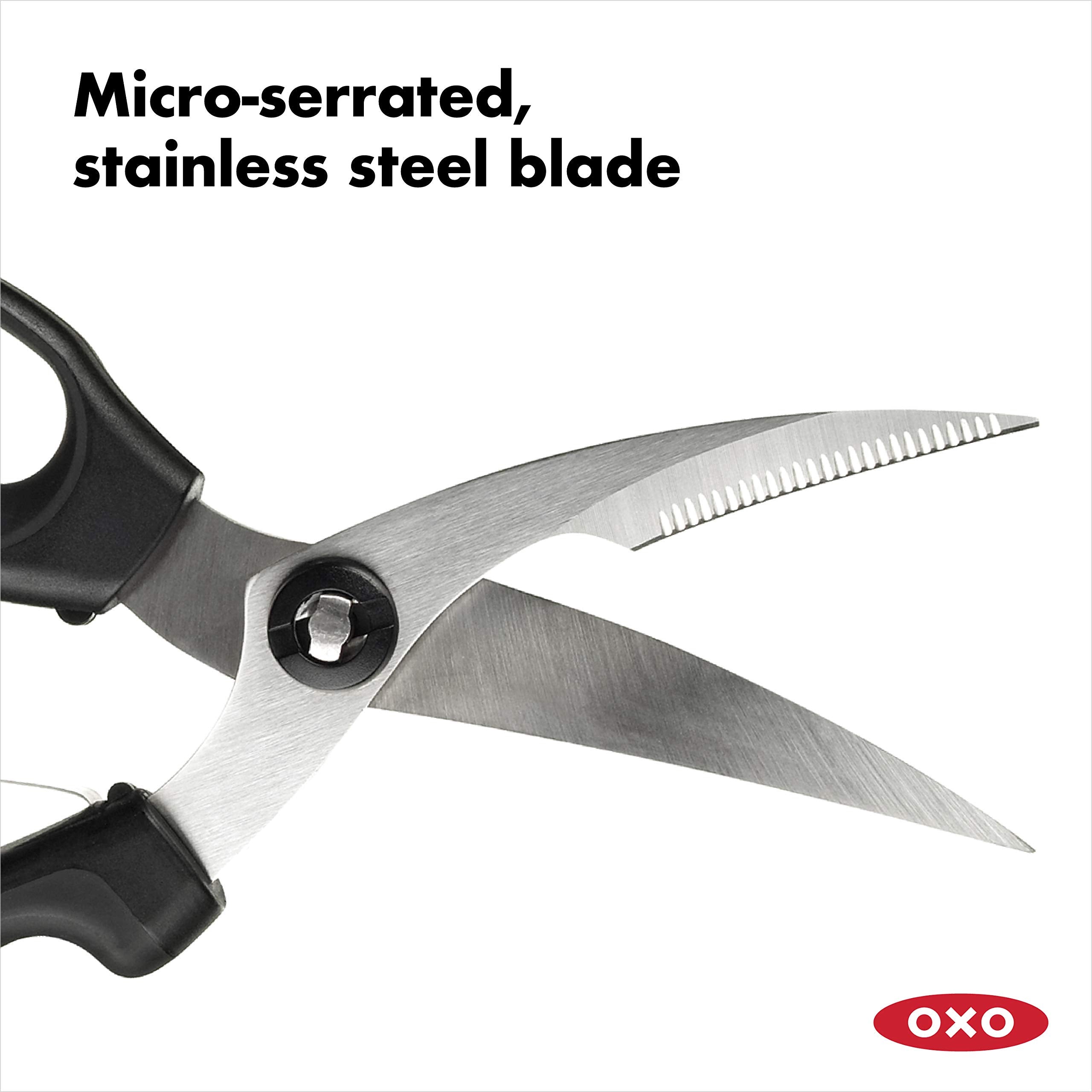 Detailed view of OXO non-slip handle loop and bolster providing secure control and safer cutting