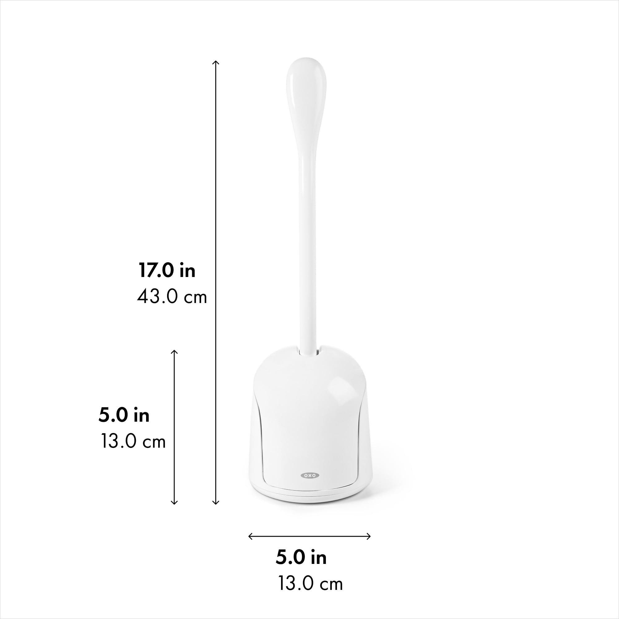 OXO closed holder in bathroom keeping brush discreetly hidden