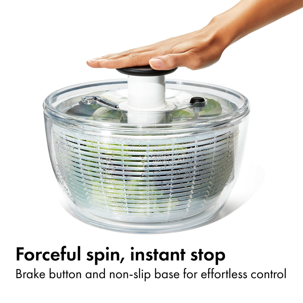 OXO instant brake button detail, stops basket immediately for safe unloading