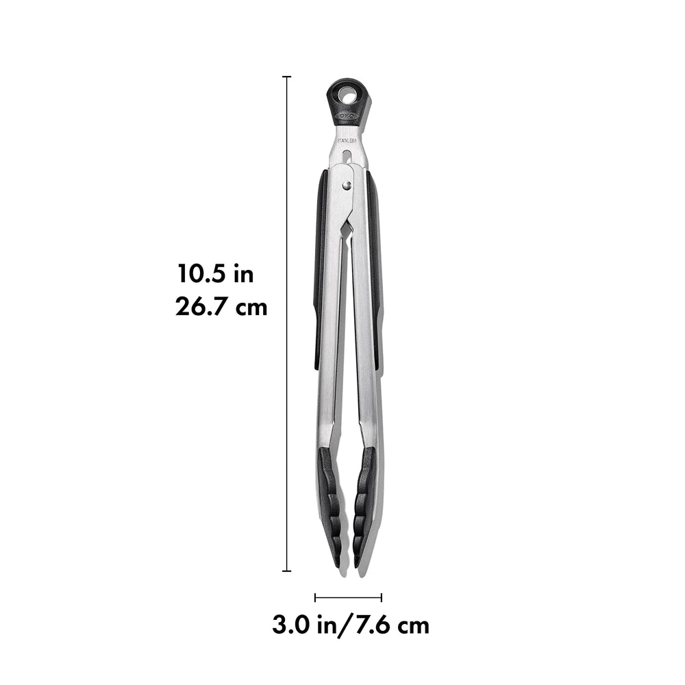 OXO tongs locked closed in drawer for compact storage and easy organization