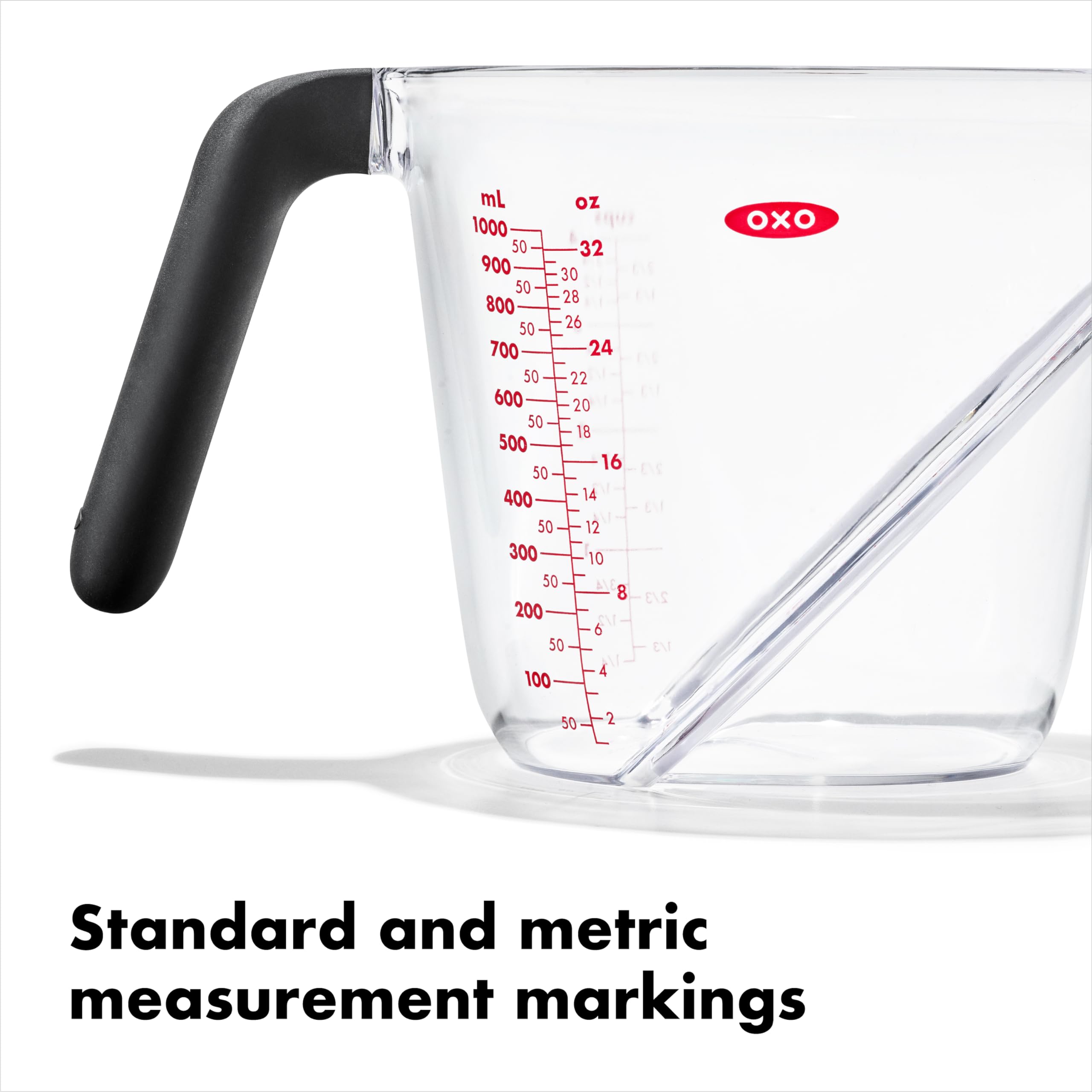 OXO non-slip handle detail demonstrating secure grip for safer pouring