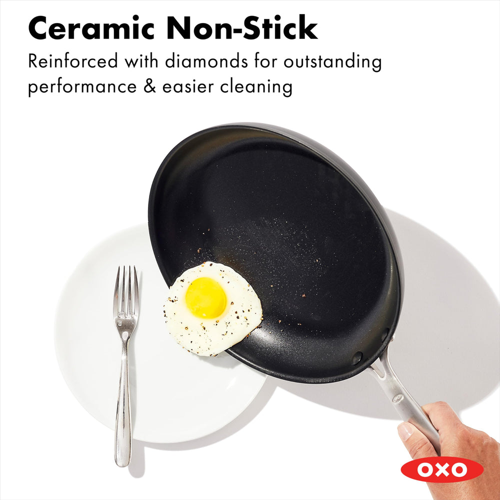OXO close-up of PFAS-free ceramic nonstick surface highlighting easy food release benefit