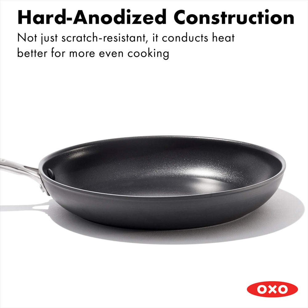 OXO pan inside oven illustrating oven-safe up to 430°F benefit for finishing meals