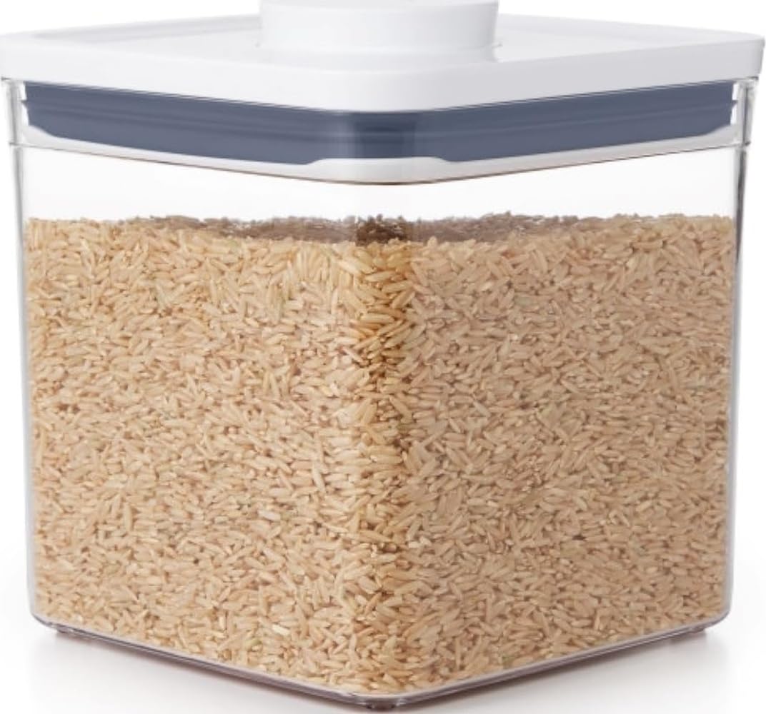 OXO Good Grips POP Container front view showing clear body and label, organized pantry benefit