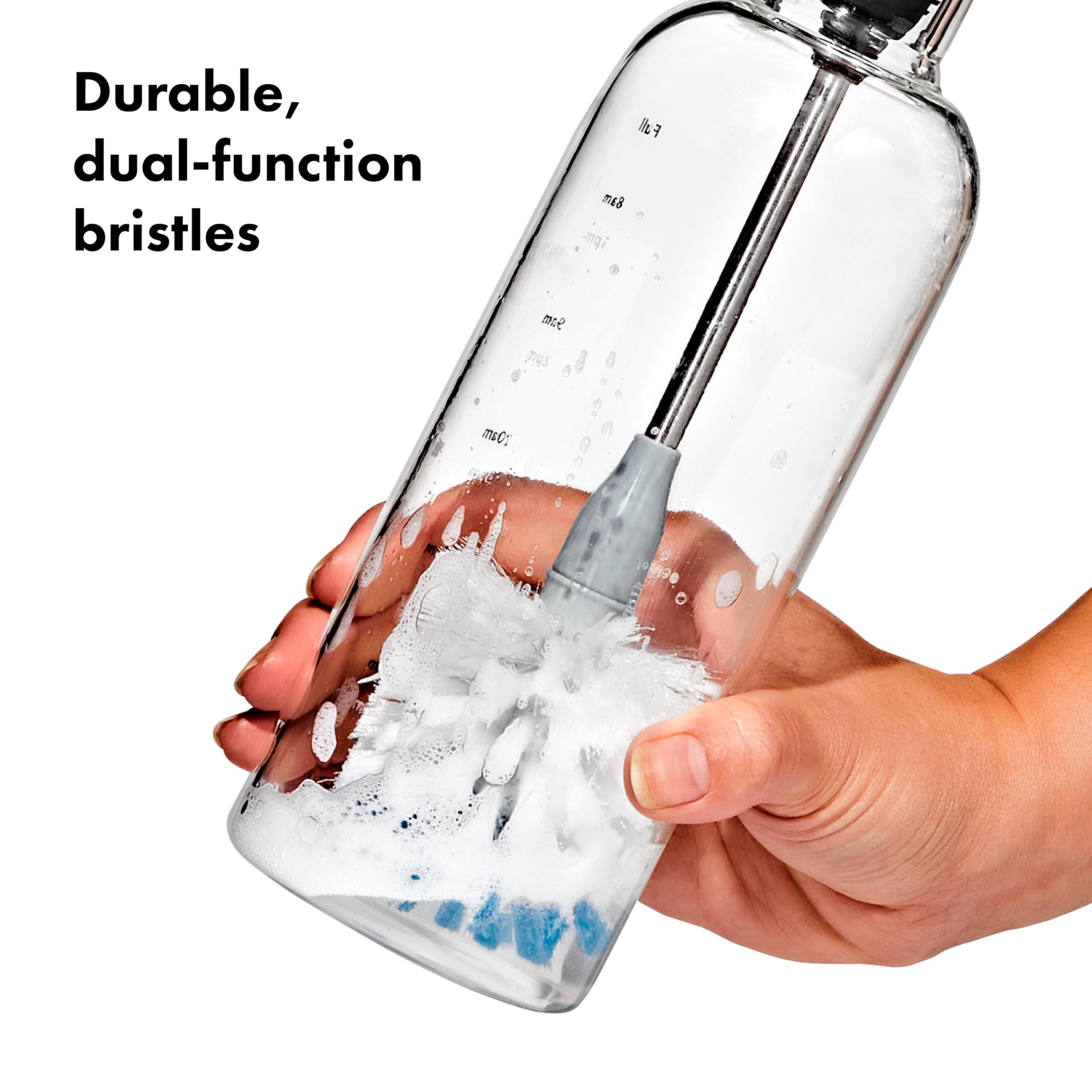 OXO replaceable head twist-off detail extends brush life and simplifies replacement