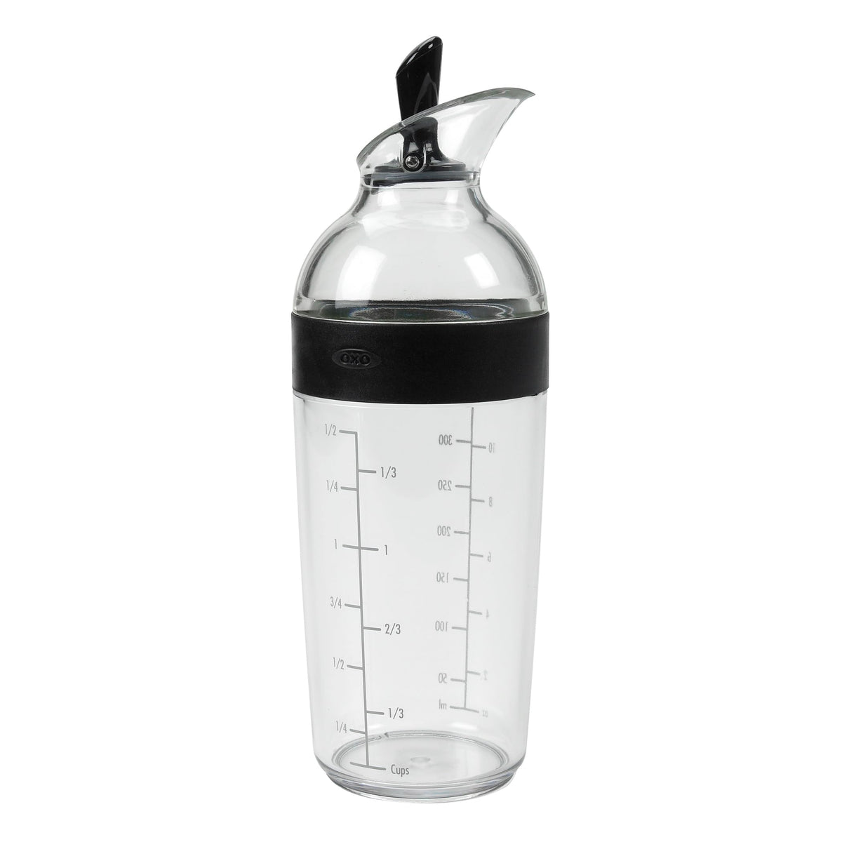 OXO Good Grips shaker front view showing compact 1.5 cup capacity and clear body for easy measuring