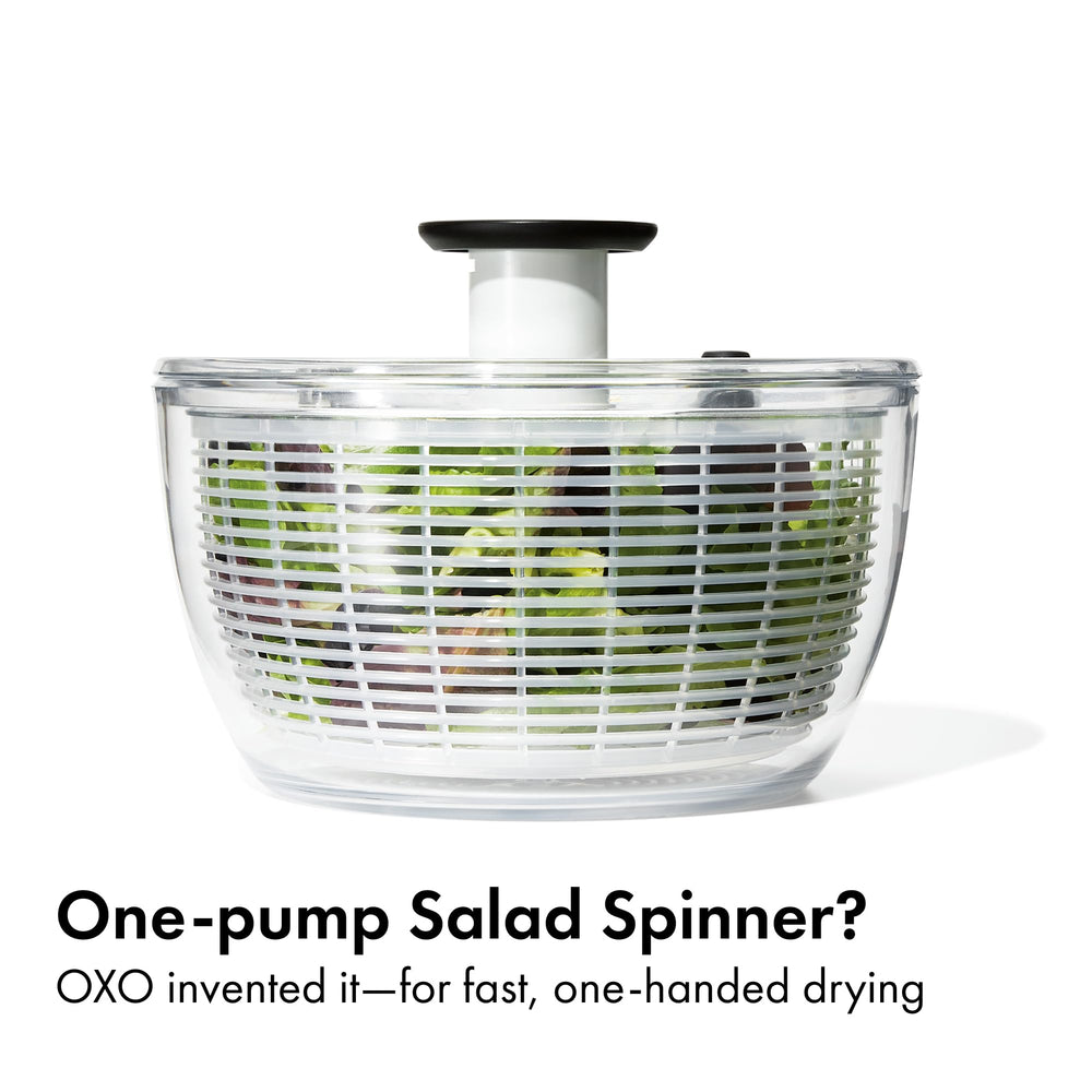 OXO side profile of salad spinner highlighting pump mechanism and sleek design