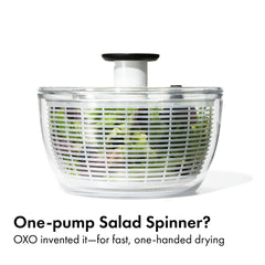 OXO side profile of salad spinner highlighting pump mechanism and sleek design