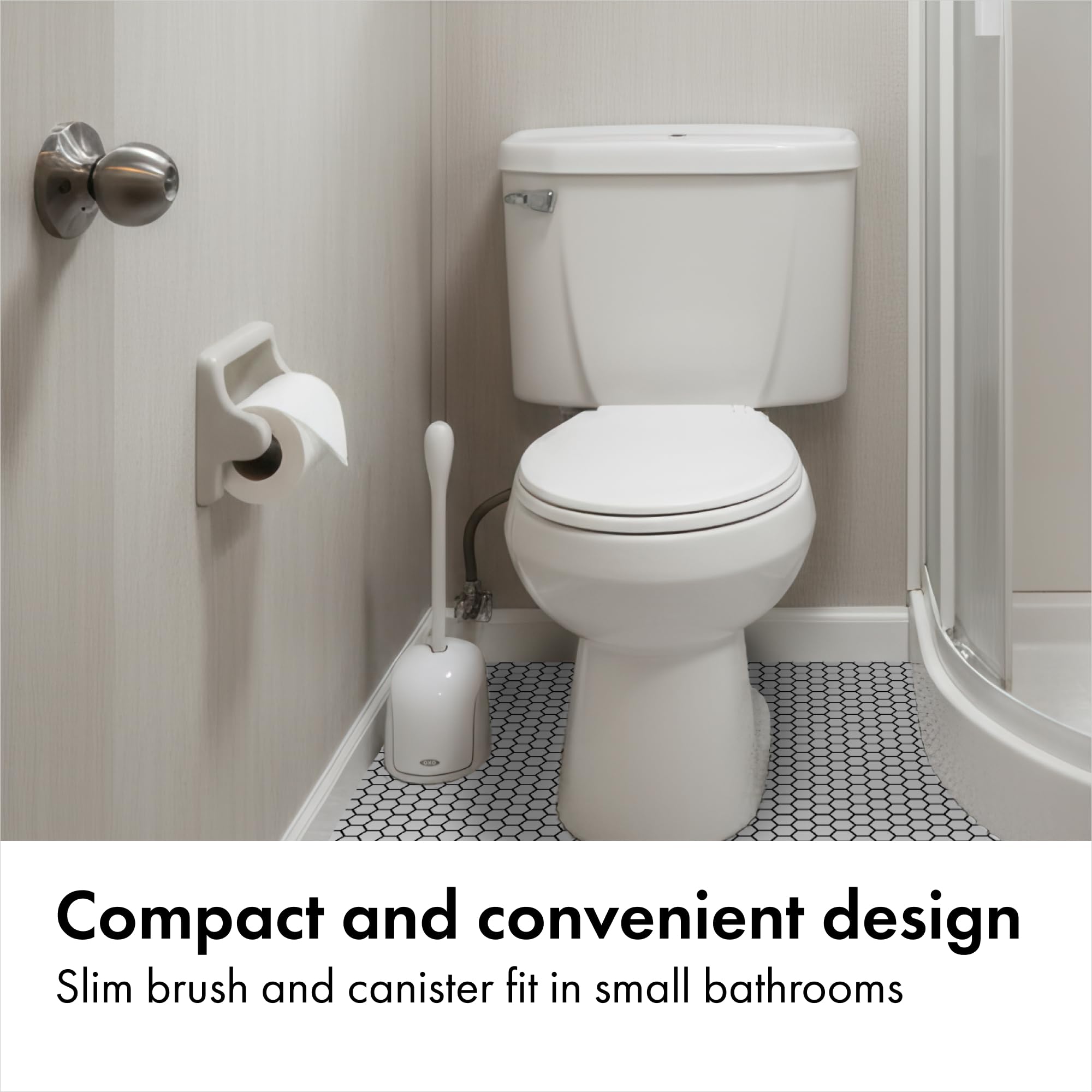 OXO size comparison demonstrating compact footprint for small bathrooms