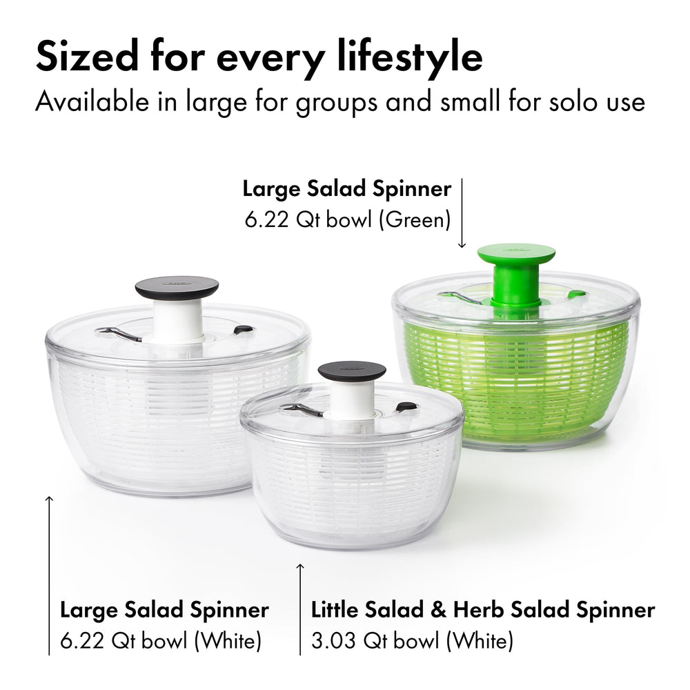 OXO serving salad in outer bowl after spinning, drier greens improve dressing