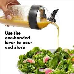 OXO shaker side with measurement markings in cups ounces milliliters for precise mixing