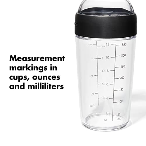 OXO shaker detail of durable BPA-free material and break-resistant textured grip for secure handling