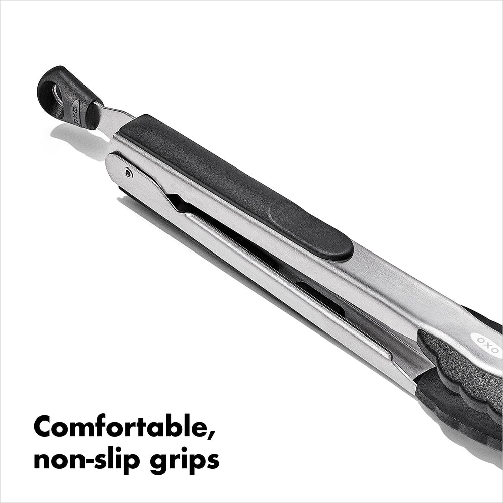 OXO 9- and 12-inch tongs side-by-side showing scale and length options