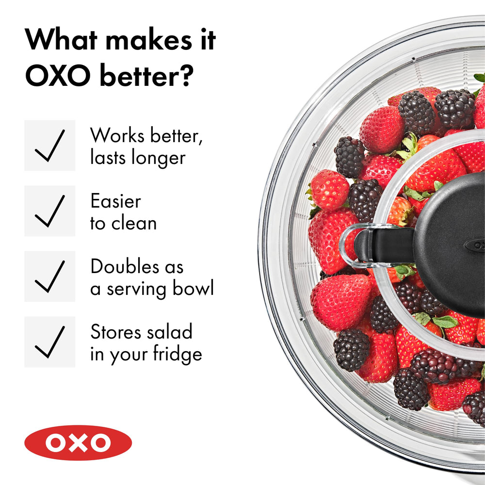 OXO spinner next to hand for scale, shows 6.22 quart capacity and fit