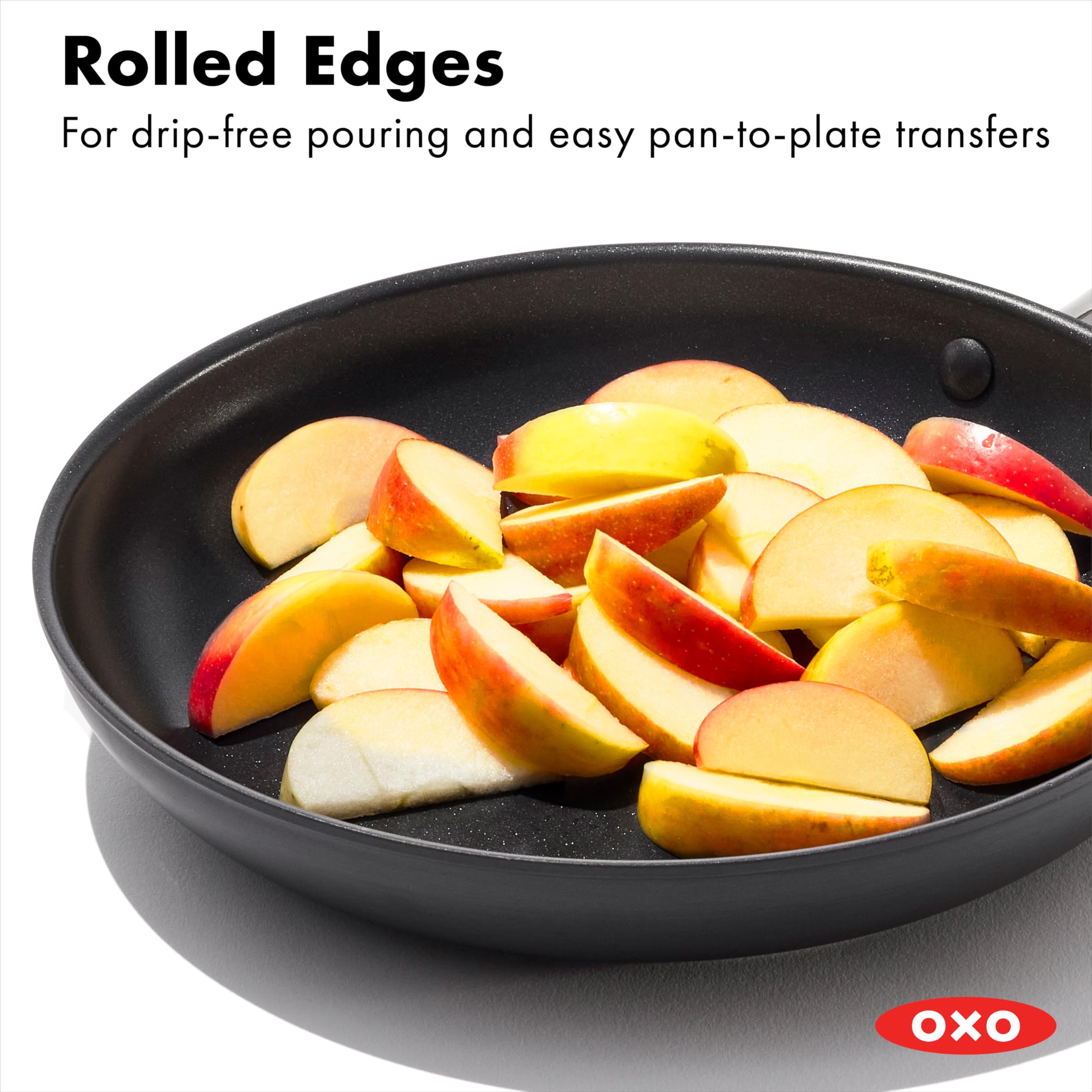 OXO pan next to spatula showing size and scale for everyday cooking benefit