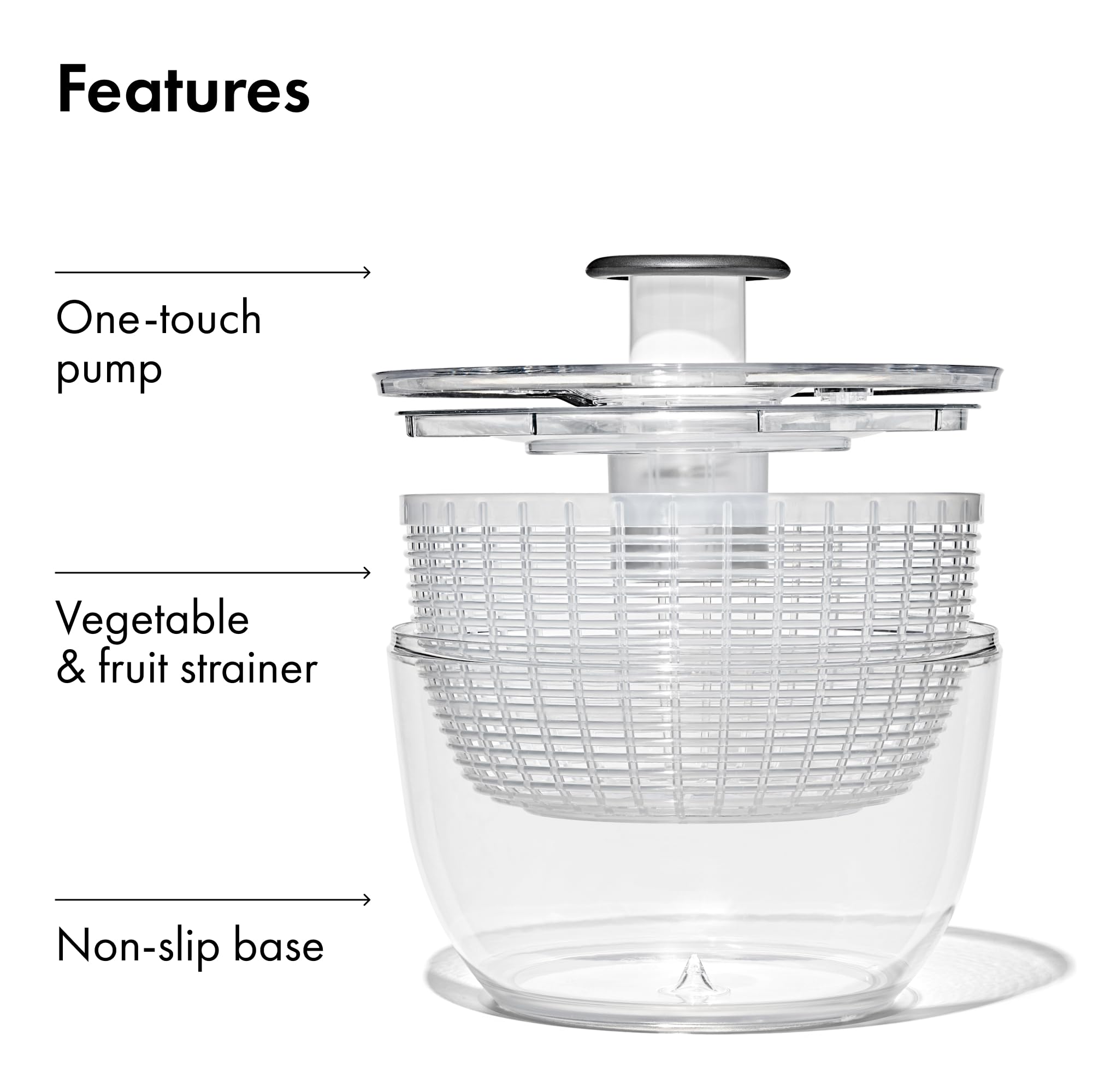 OXO spinner in use rinsing lettuce under faucet, speeds vegetable washing