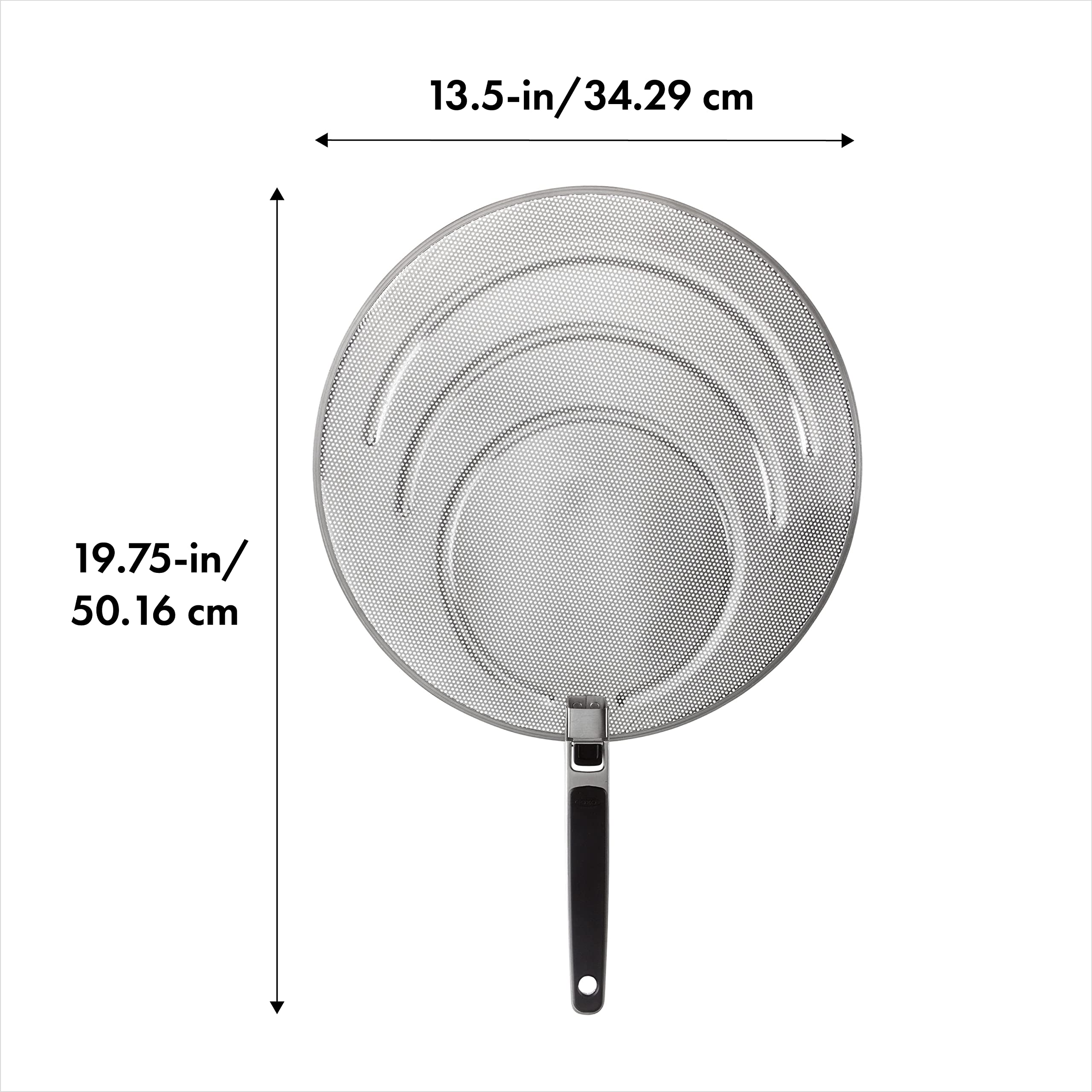 OXO Good Grips folded-handle resting over pan handle for compact storage and safety