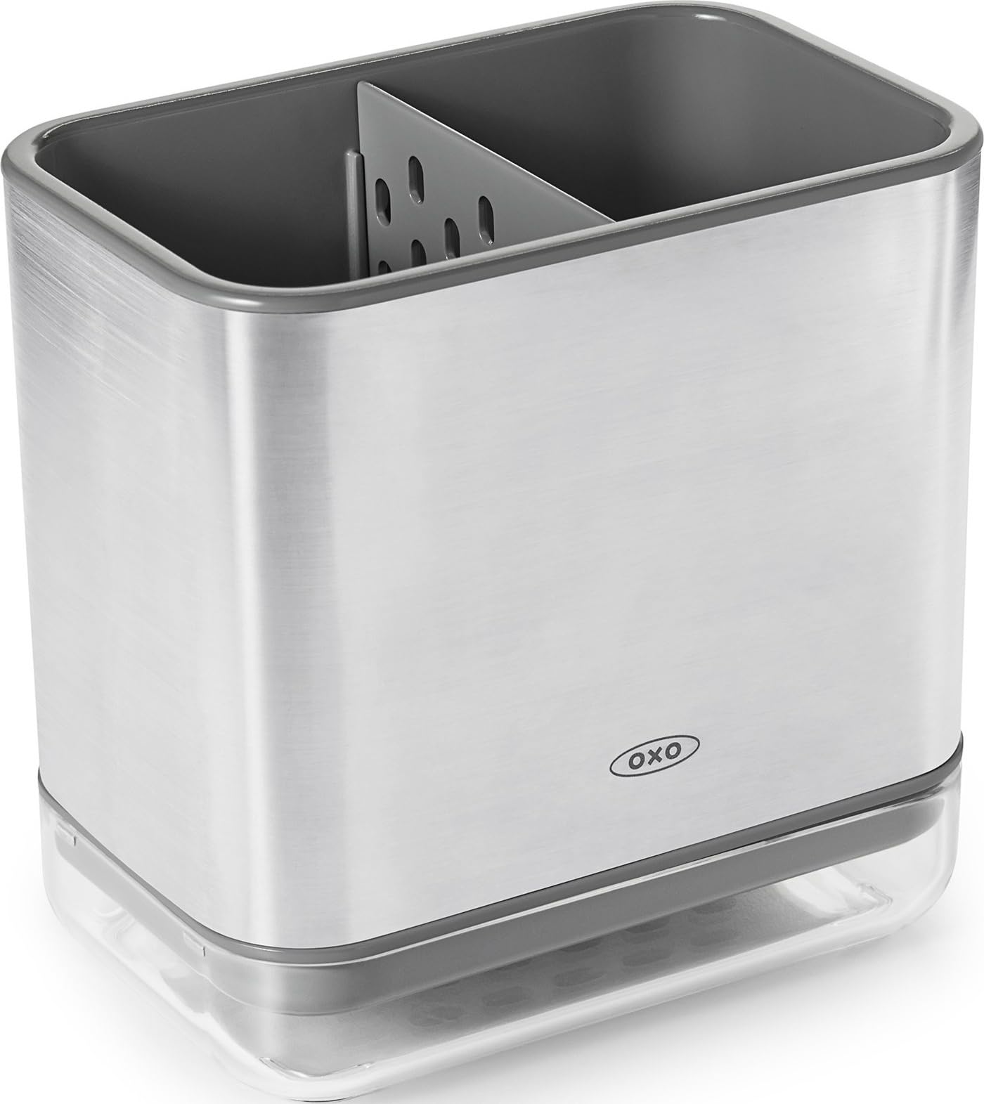 OXO stainless steel caddy front view shows organized sink area and durable design
