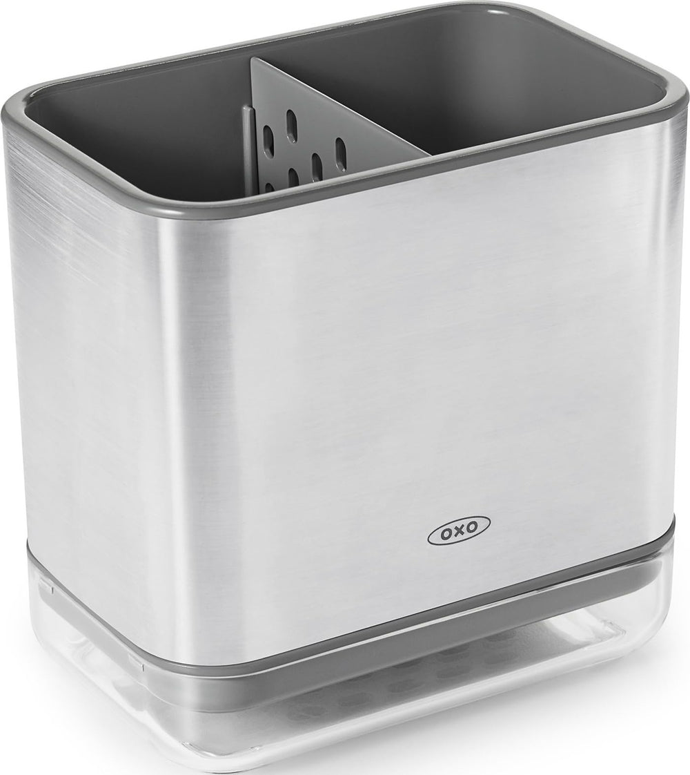 OXO stainless steel caddy front view shows organized sink area and durable design