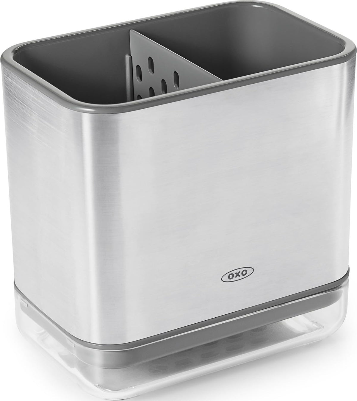 OXO stainless steel caddy front view shows organized sink area and durable design