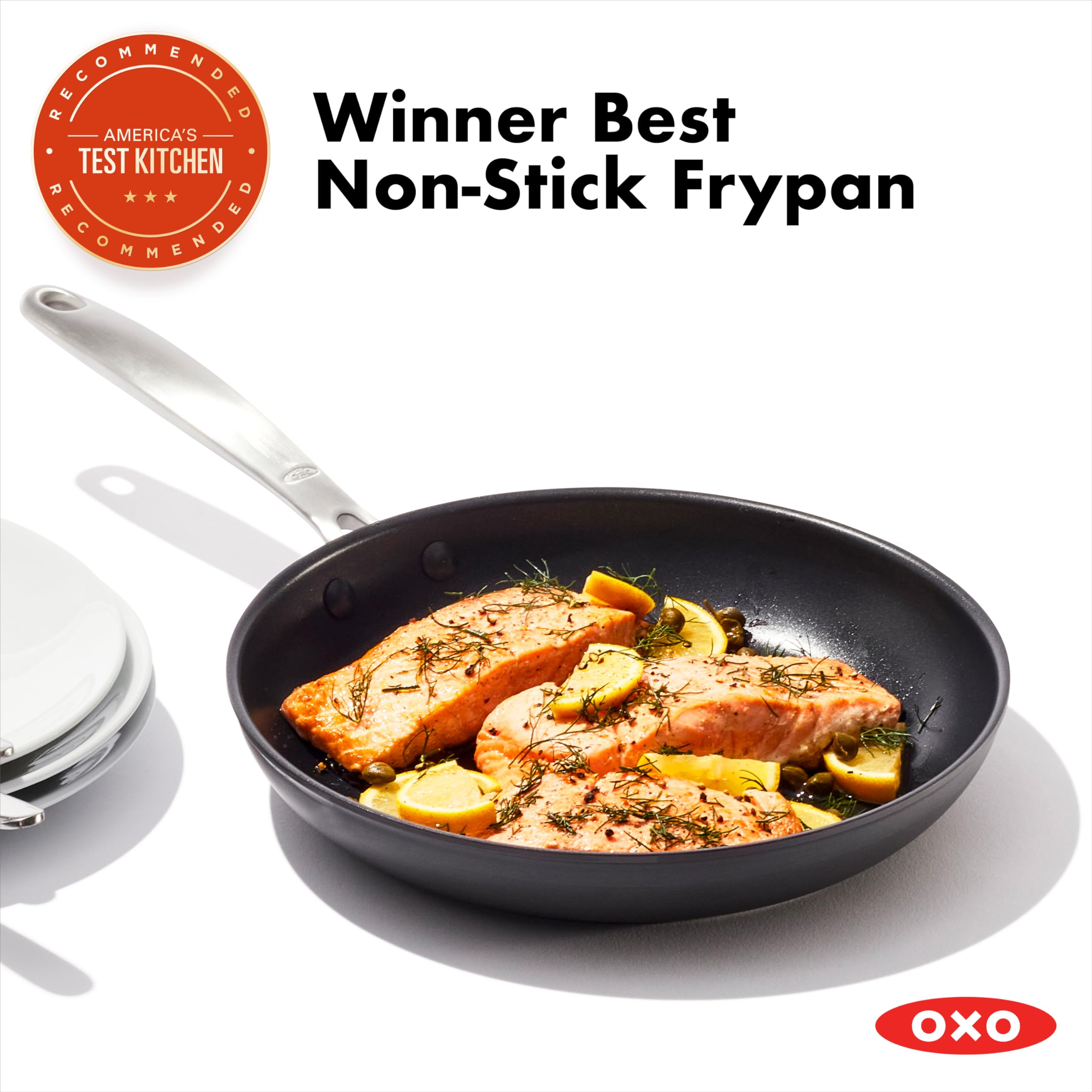 OXO stainless steel handle detail demonstrating secure grip and oven-safe convenience